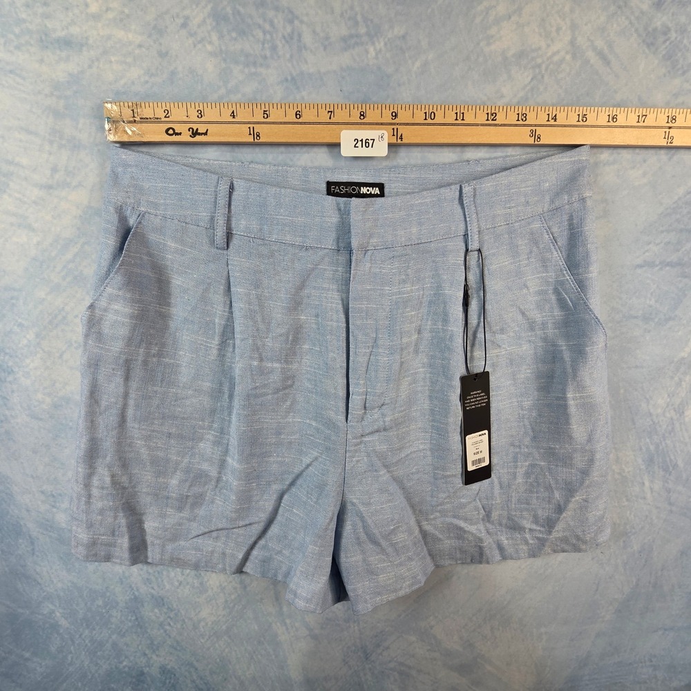Fashion Nova Claudia Linen Trouser Shorts Light Blue High Waist Pleated Size M